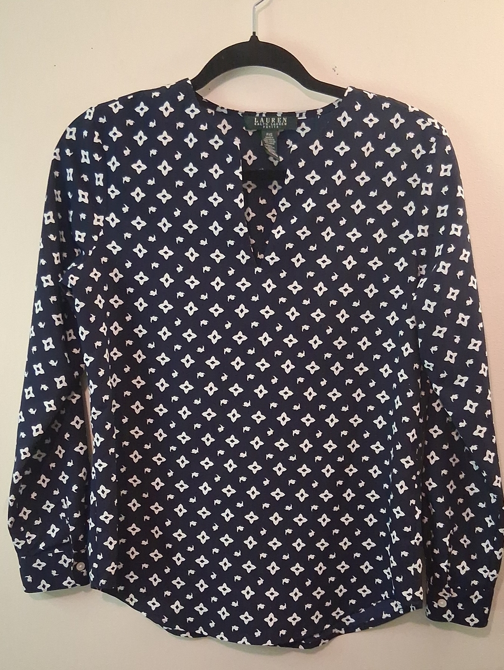 Lauren Ralph Lauren Navy Long-Sleeve Top with White Geo Print